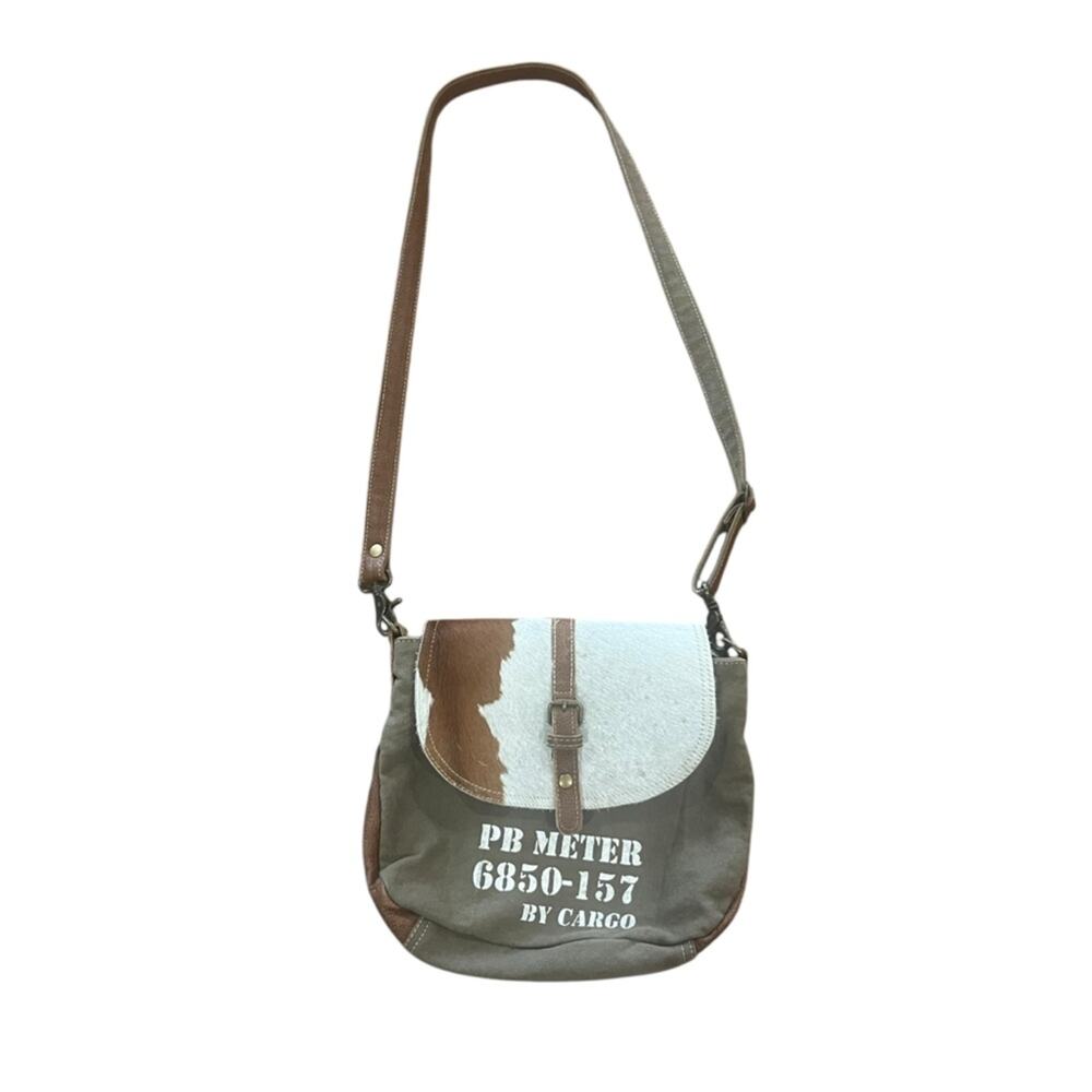 Myra Canvas Genuine Hair On Leather Trim Crossbody Bag Shoulder Upcycled Cargo
